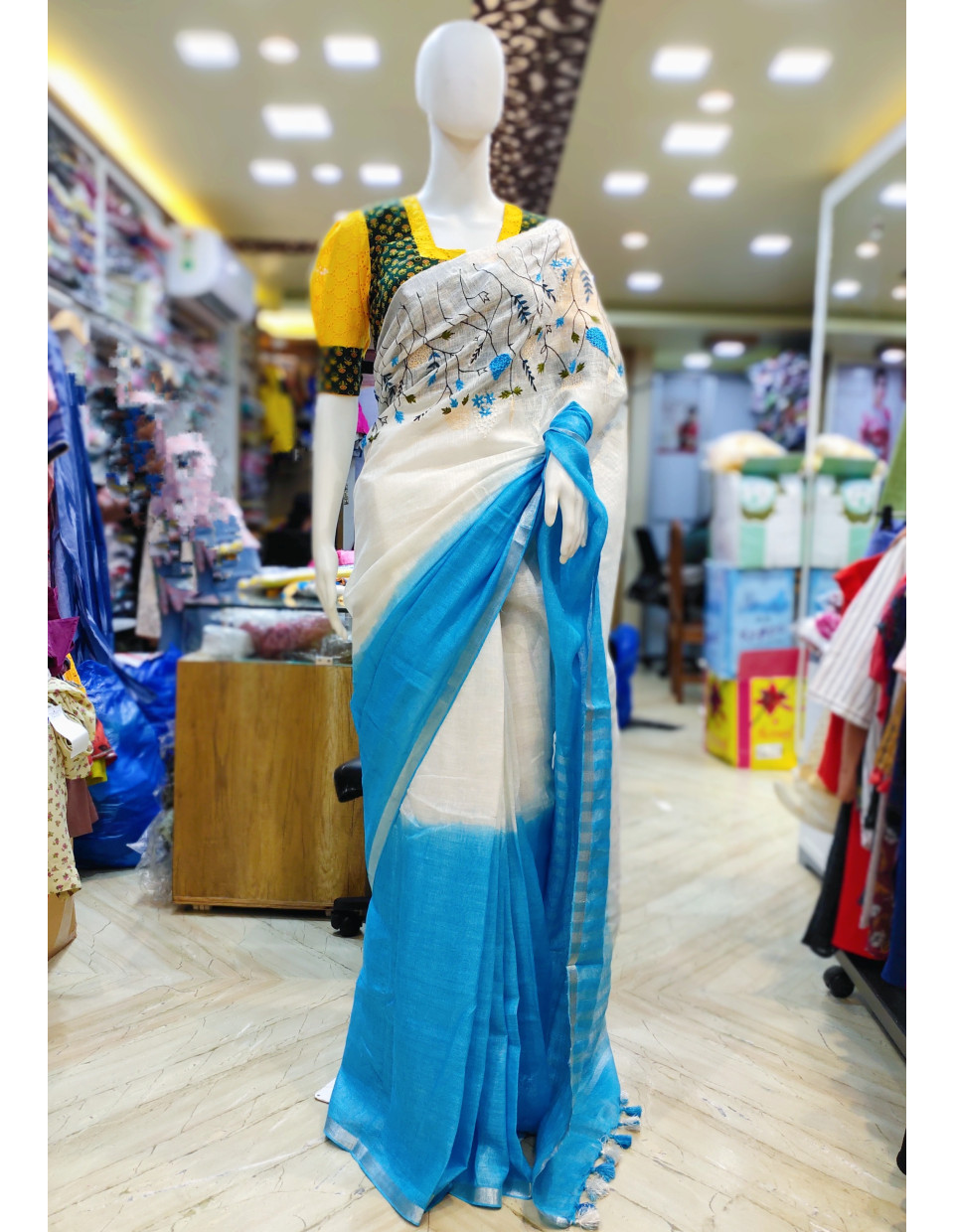 Duel Shade Linen By Linen Saree With Embroidery Work On Front Portion And Silver Zari Stripes Work On Pallu - Also Has Highlighted Silver Zari Border (KR2238)
